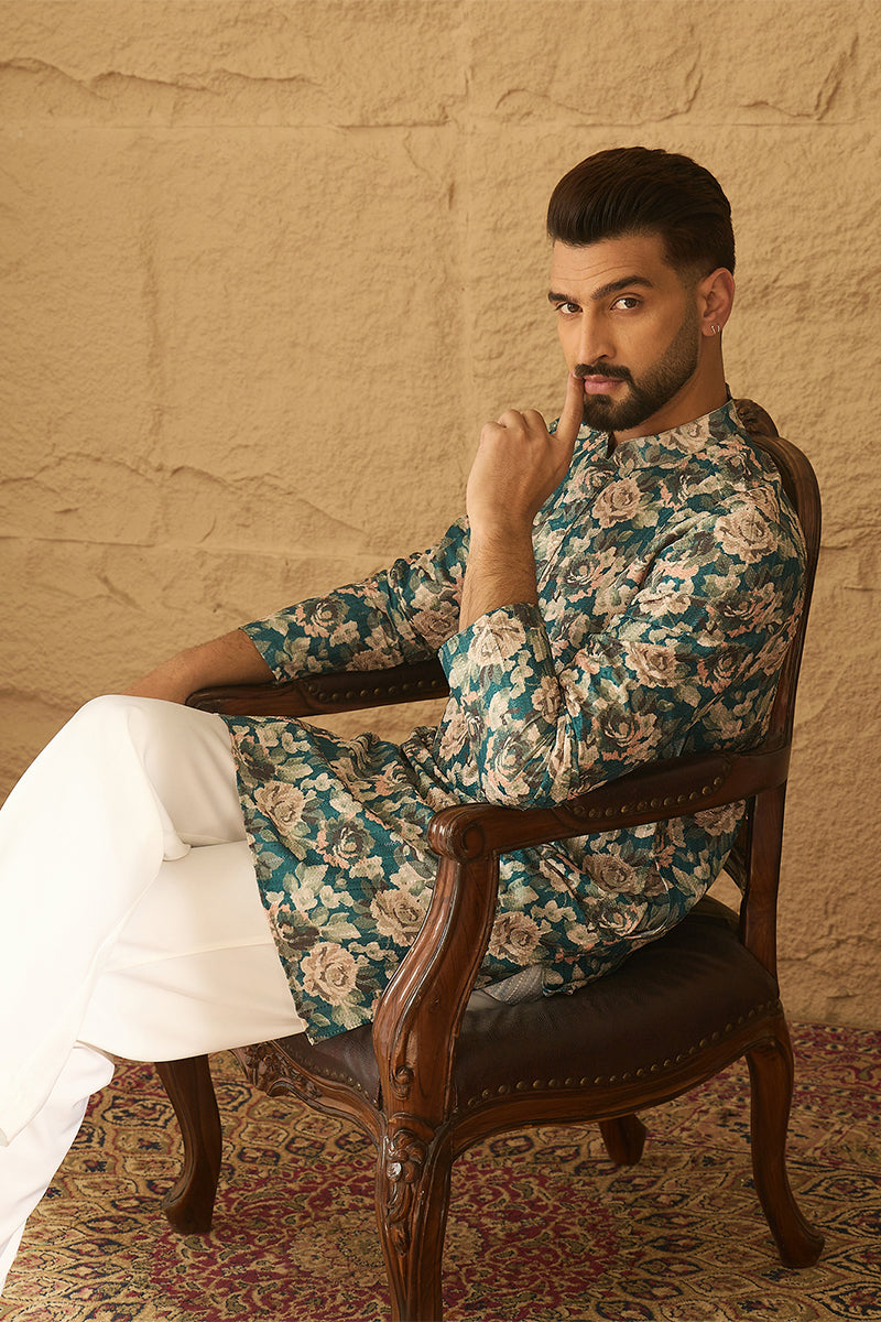 Teal Silk Blend Floral Printed Straight Kurta with Trouser