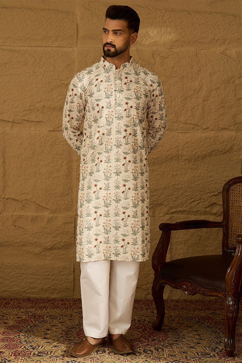 Off White Viscose Rayon Floral Printed Straight Kurta with Trouser