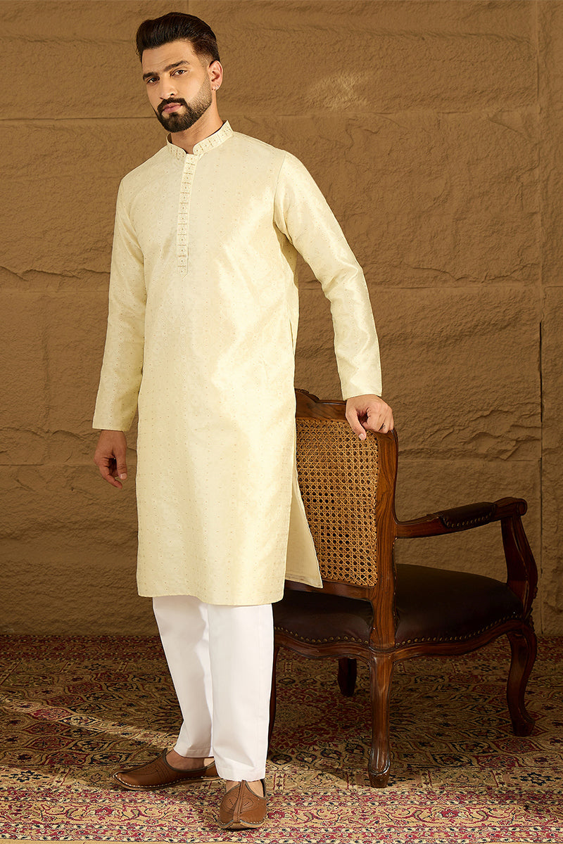 Yellow Silk Blend Solid Printed Straight Kurta with Trouser