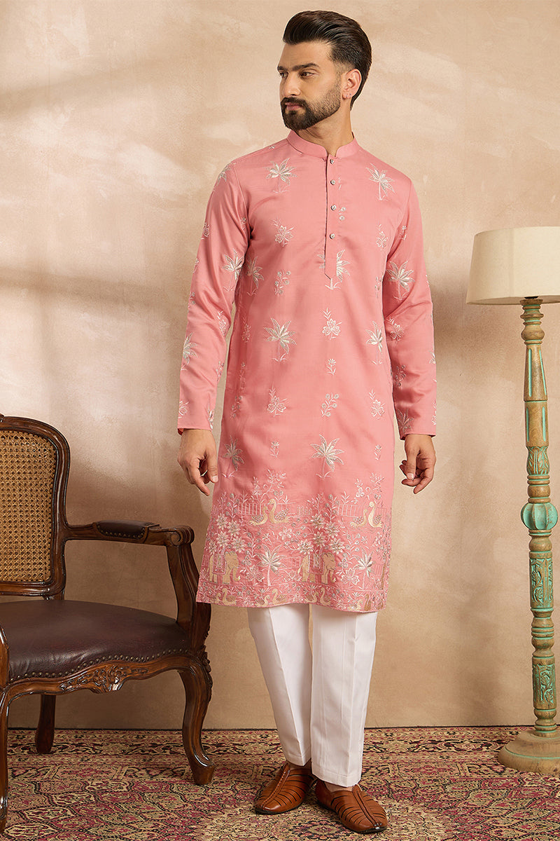 Pink Cotton Solid Embroidered Straight Kurta