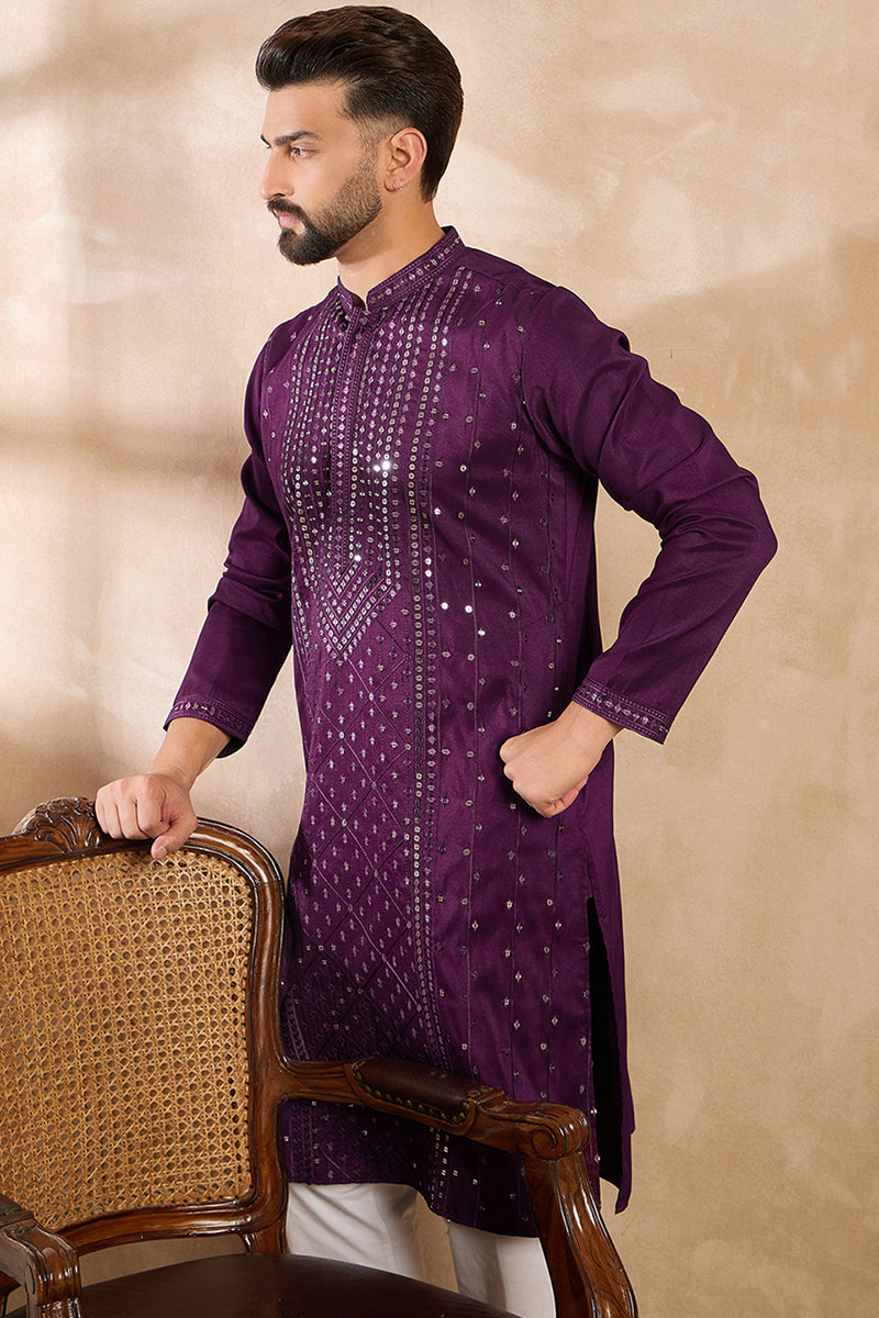 Purple Silk Blend Geometric Embroidered Straight Kurta