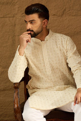 off white cotton solid printed straight kurta
