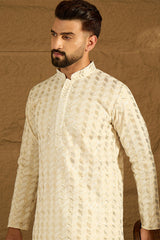 off white cotton solid printed straight kurta