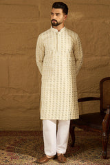 off white cotton solid printed straight kurta with trouser
