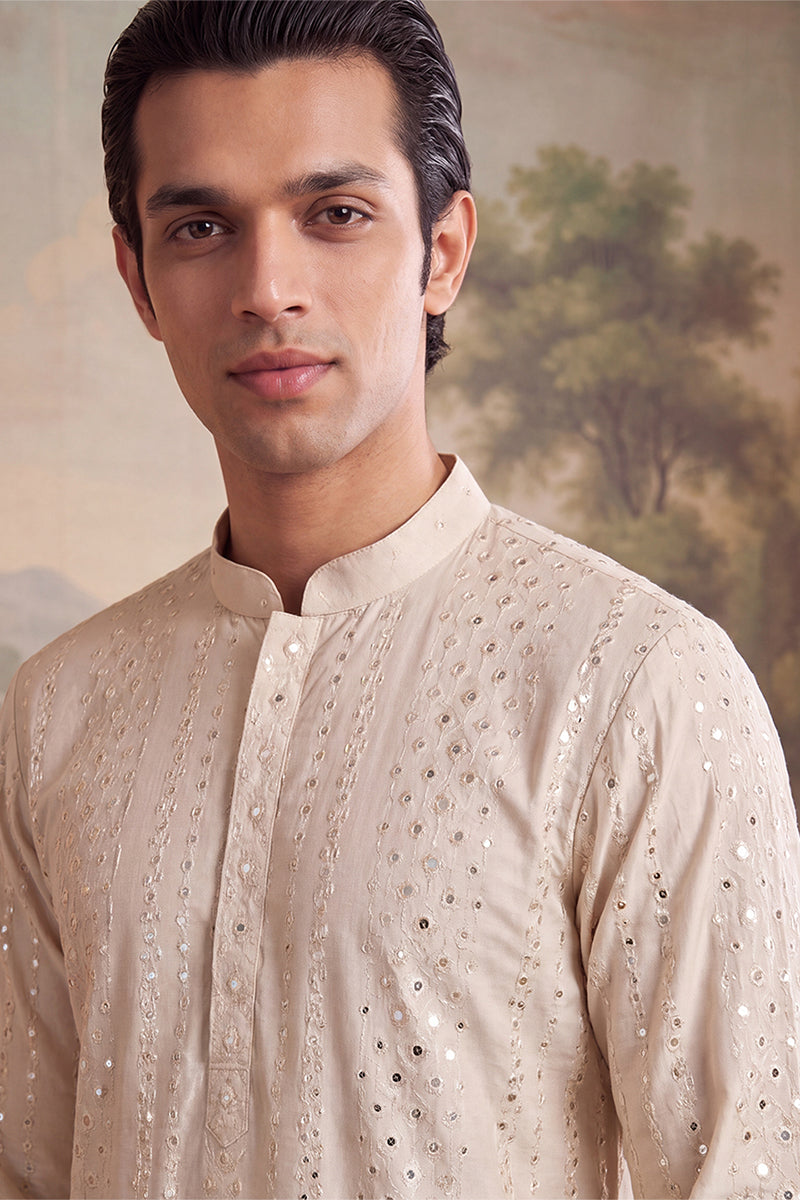 Mens Green Silk Blend Solid Embroidered Kurta
