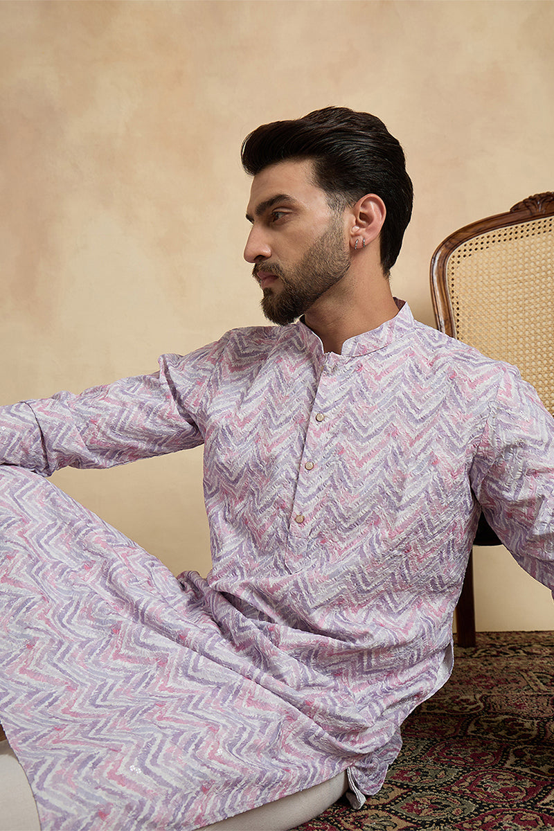 Lavender Linen Printed Straight Kurta With Trousers