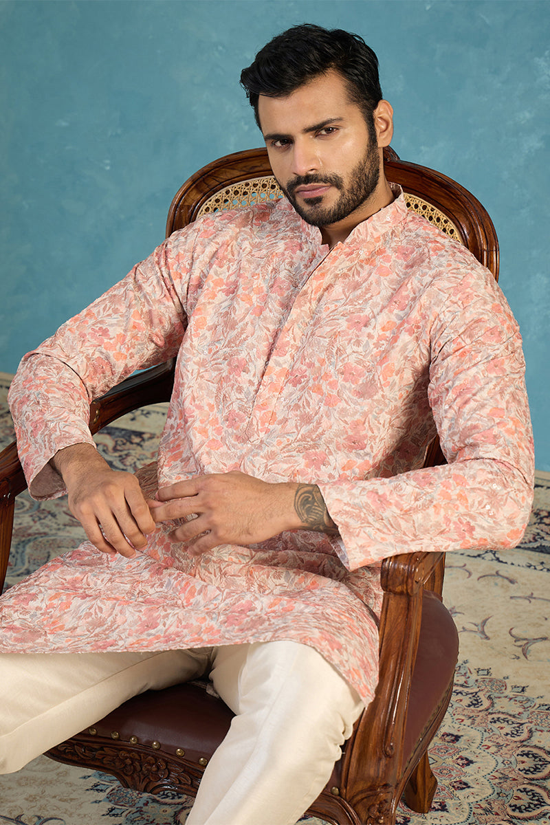 Mens Multi Viscose Rayon Embroidered Calf Length Straight Regular Kurta