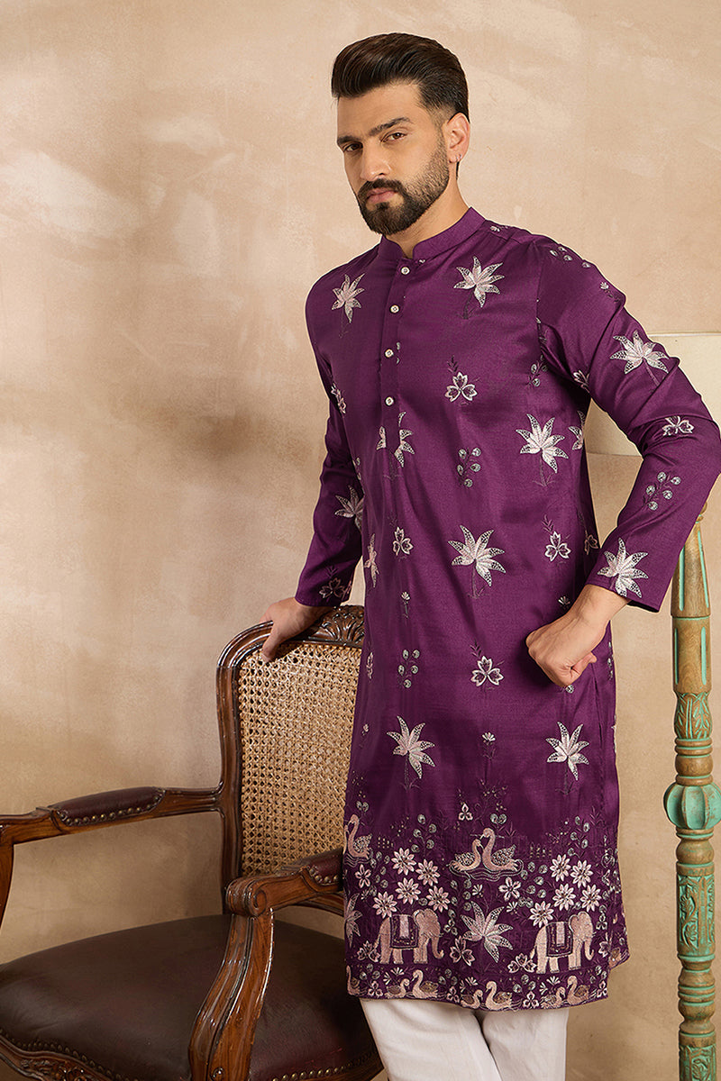 Purple Polyester Solid Embroidered Straight Kurta