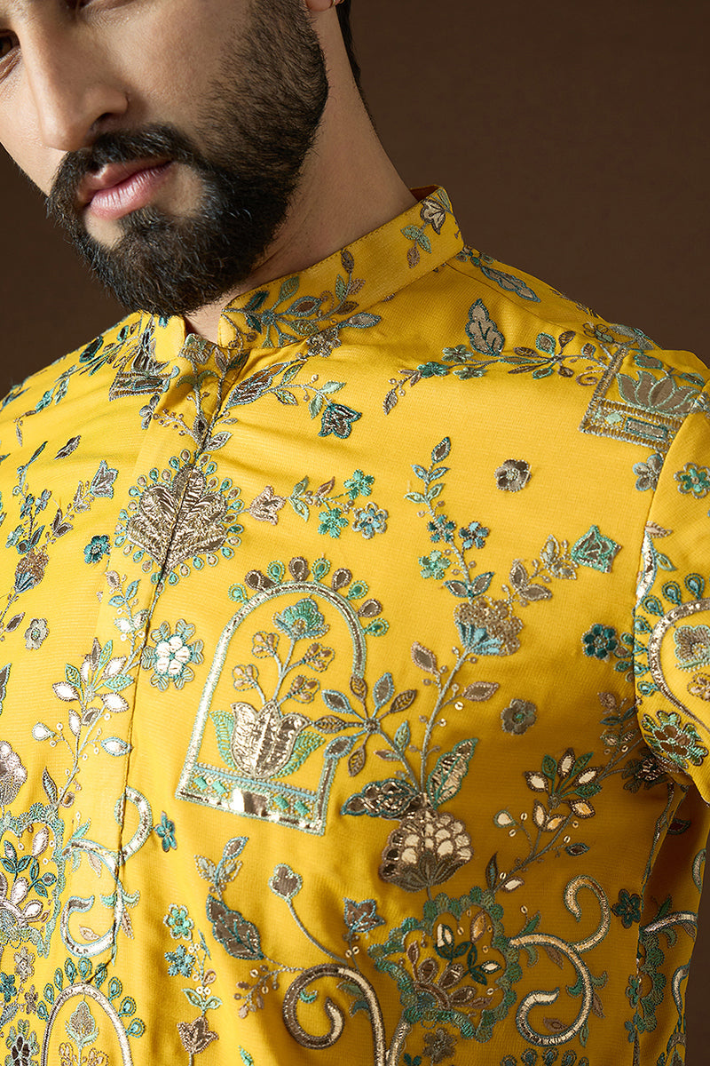 Yellow Georgette Solid Embroidered Straight Kurta