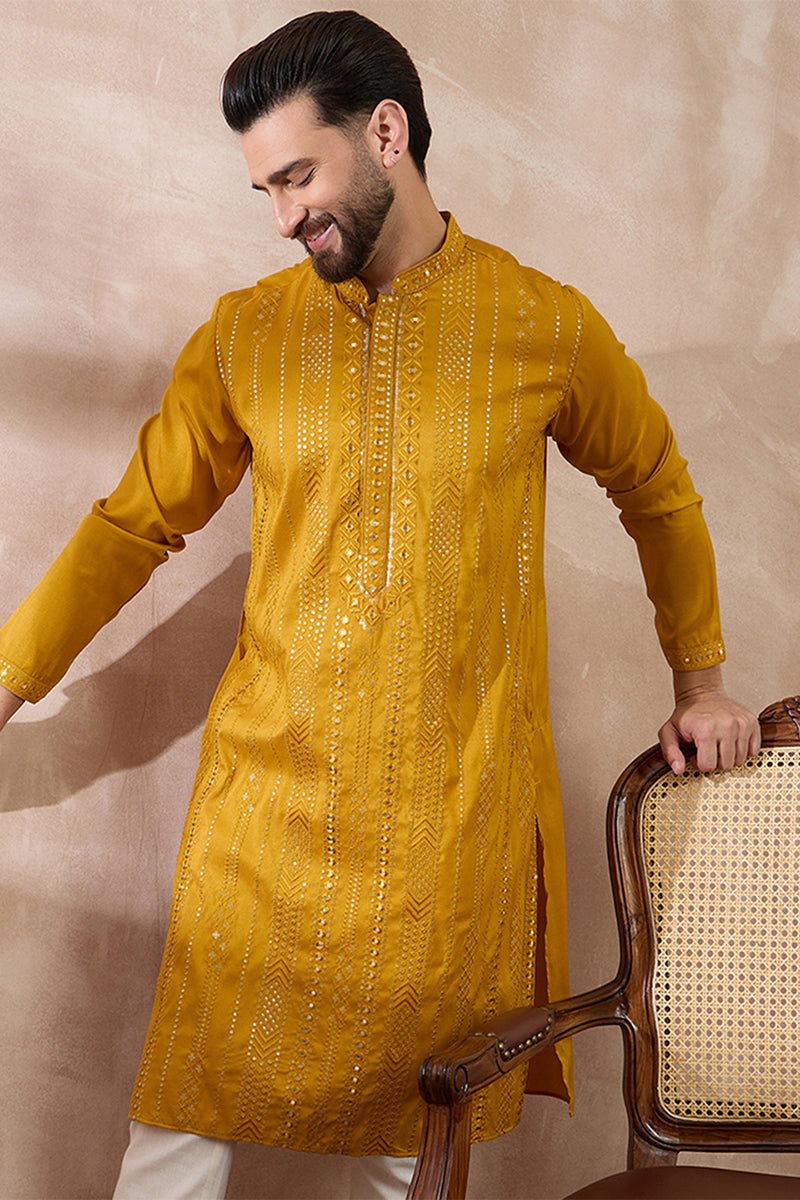 Mustard Silk Blend Embroidered Mandarin Collar Straight Kurta
