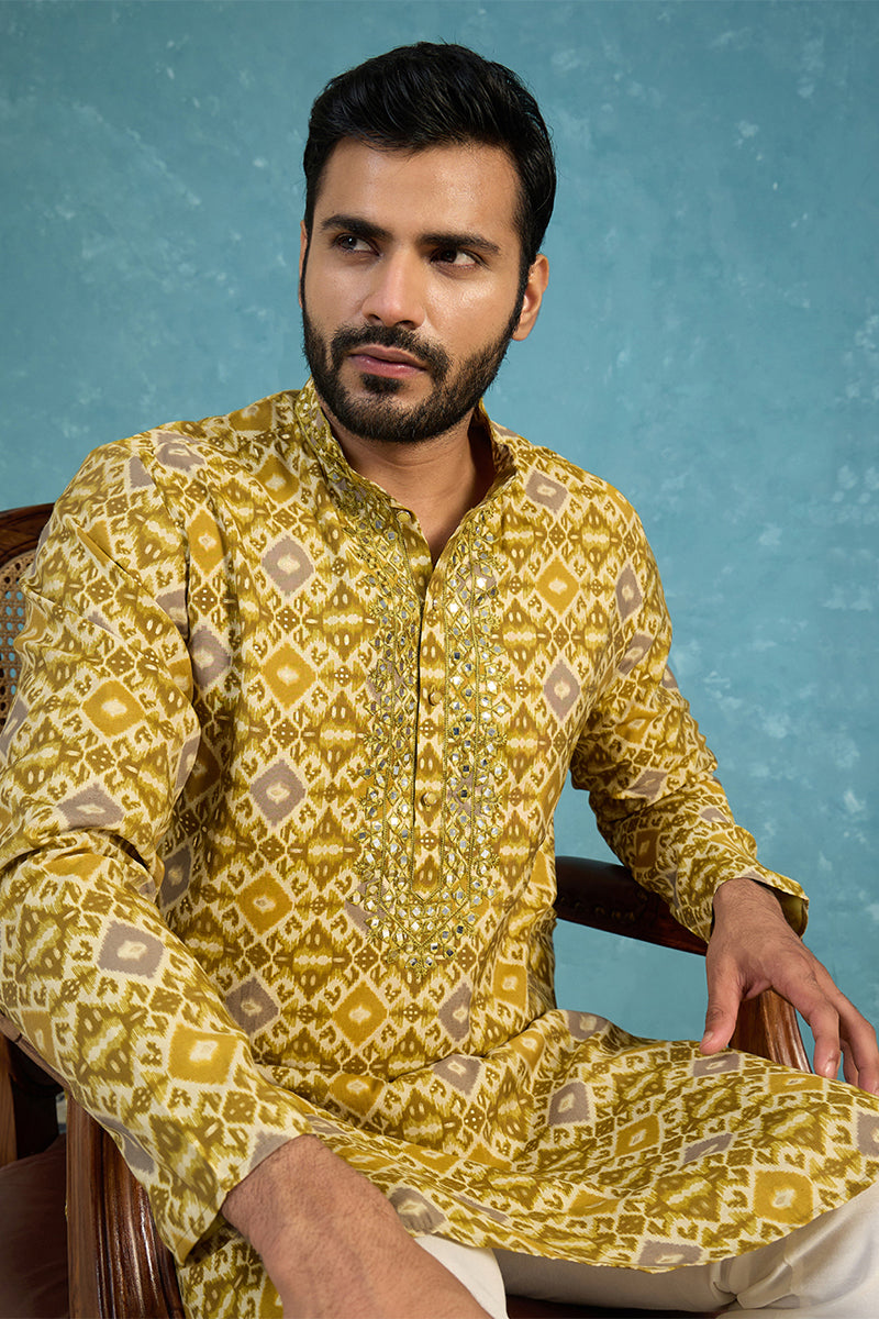 Mens Mustard Silk Blend Ethnic Motifs Ikat Printed Kurta