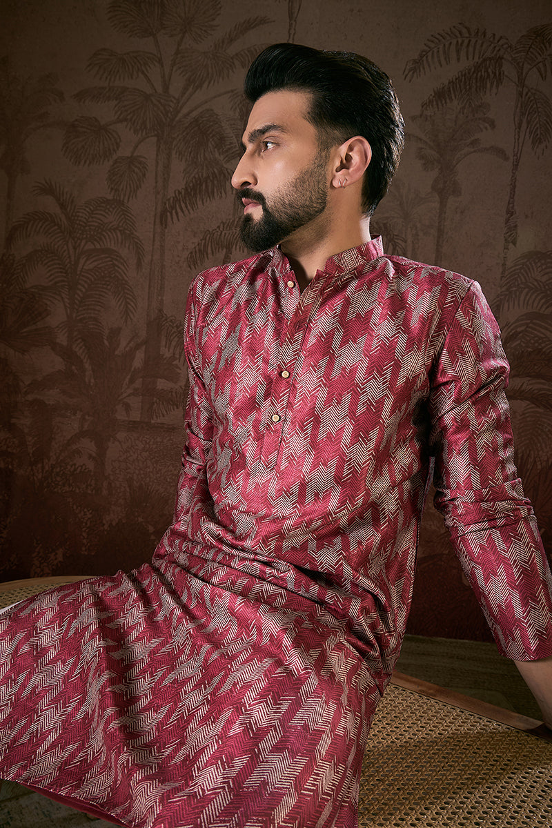 Maroon Silk Blend Chevron Printed Straight Kurta