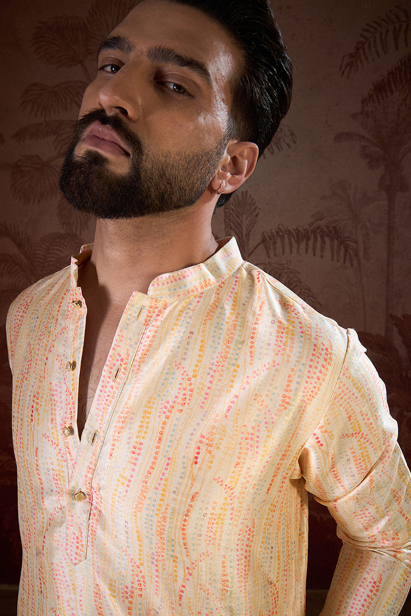 Cream Silk Blend Abstract Printed Straight Kurta