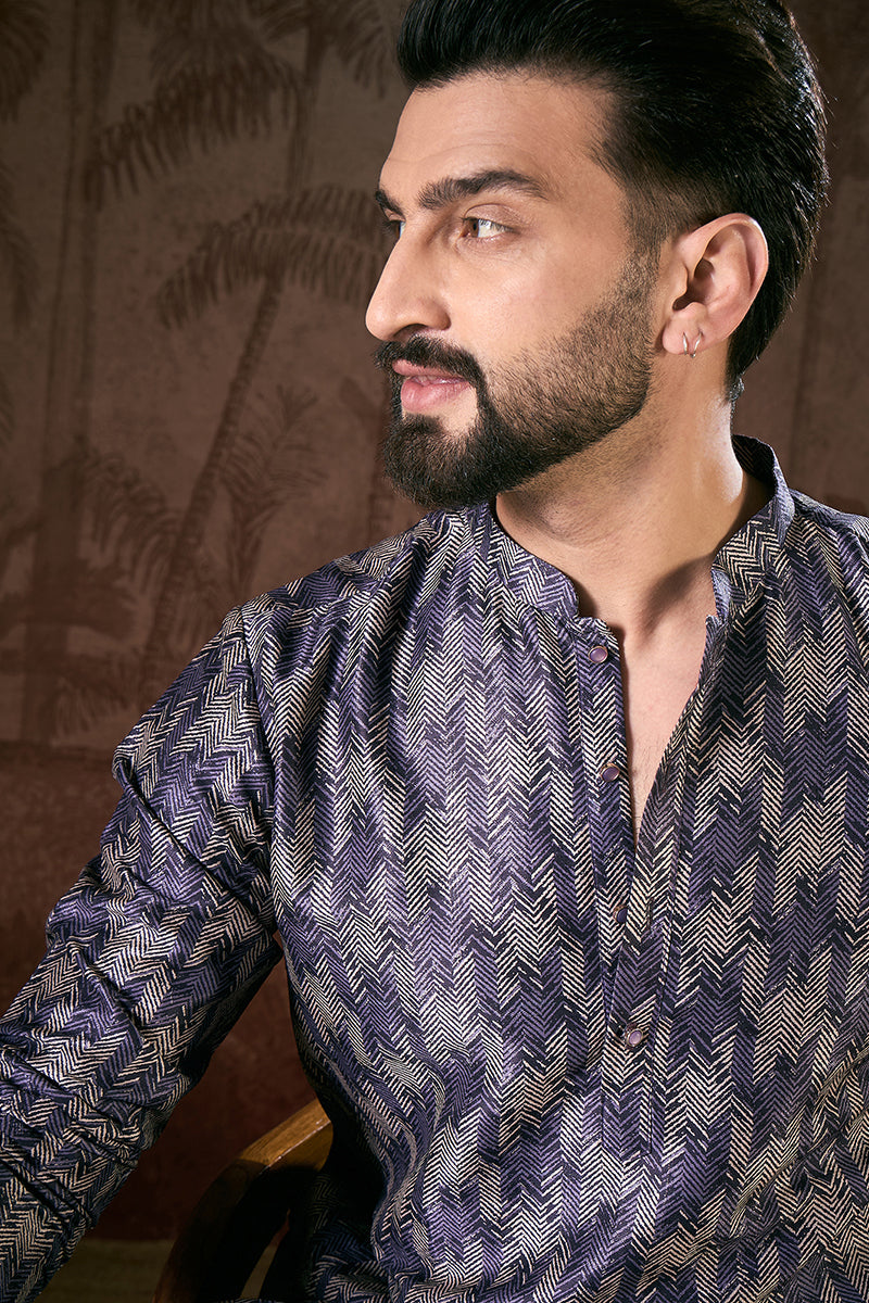 Violet Silk Blend Chevron Printed Straight Kurta With Trouser