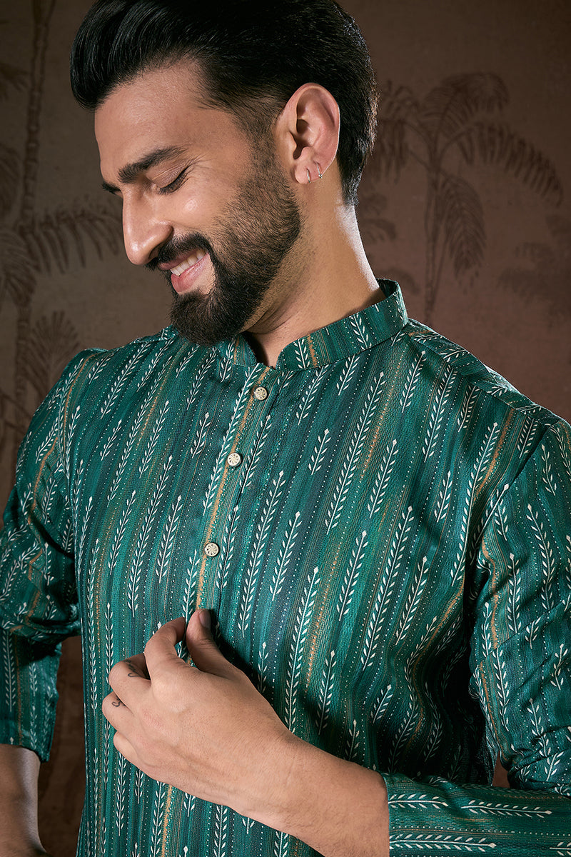 Turquoise Blue Silk Blend Floral Printed Straight Kurta