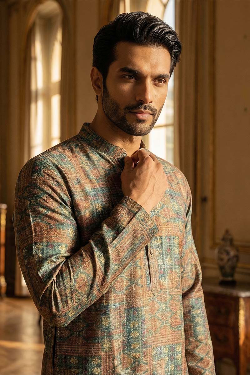 Blue Silk Blend Printed Straight Kurta With Trousers MKSET1934