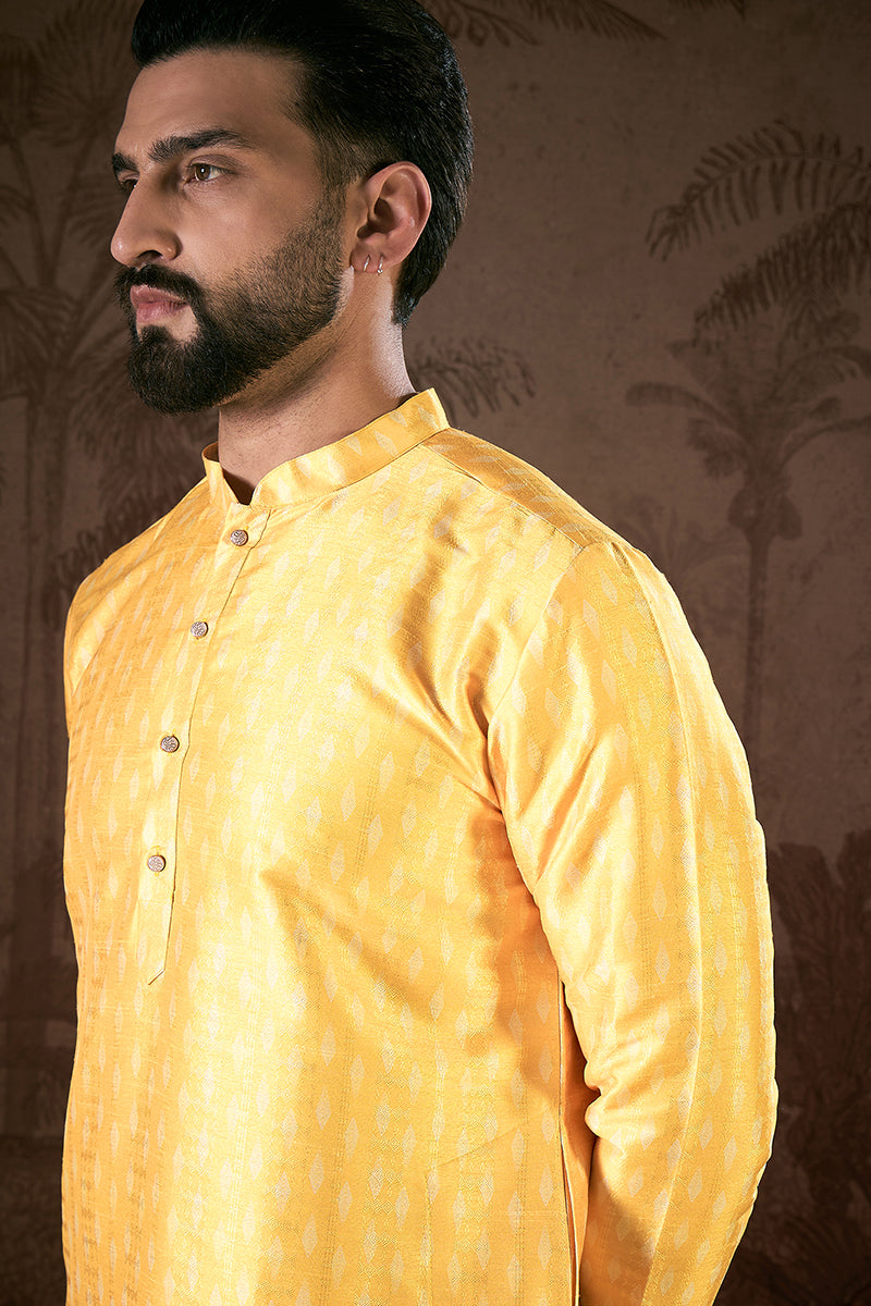 Yellow Silk Blend Ethnic Motifs Printed Straight Kurta