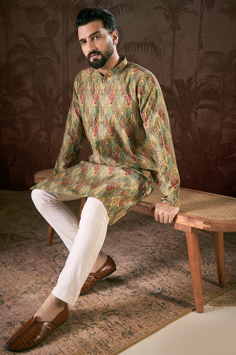 Green Silk Blend Floral Printed Straight Kurta