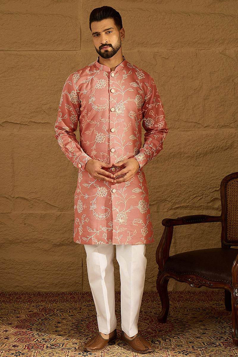 Peach Viscose Rayon Embroidered Mandarin Collar Straight Kurta