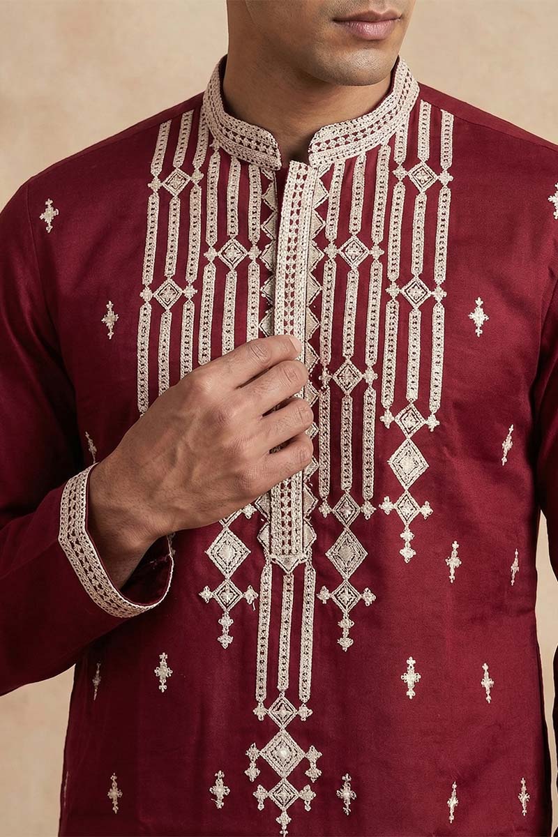 Maroon Silk Blend Embroidered Straight Kurta With Trousers