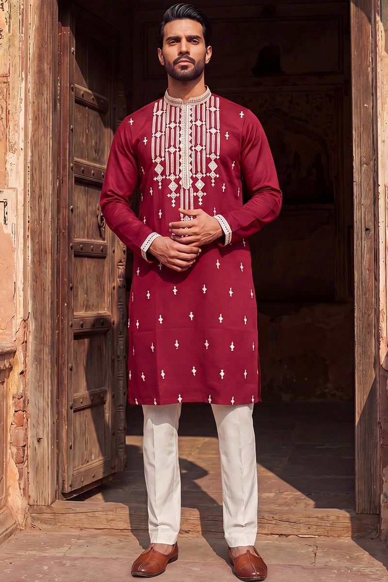Maroon Silk Blend Embroidered Straight Kurta