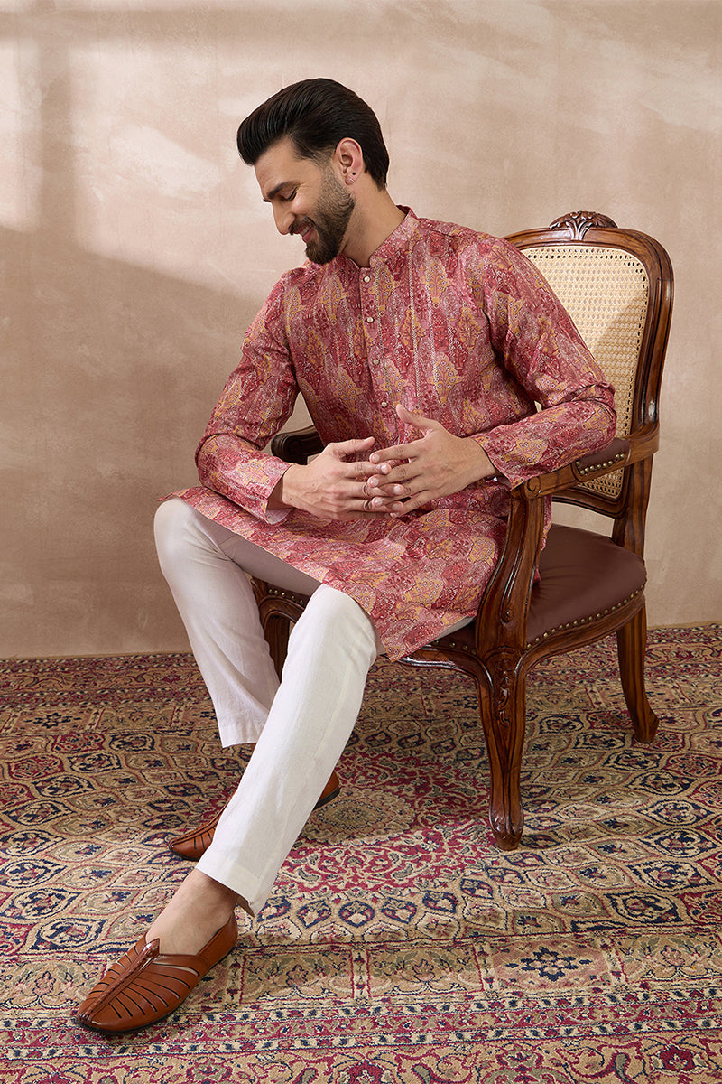 Pink Silk Blend Printed Mandarin Collar Straight Kurta With Trouser