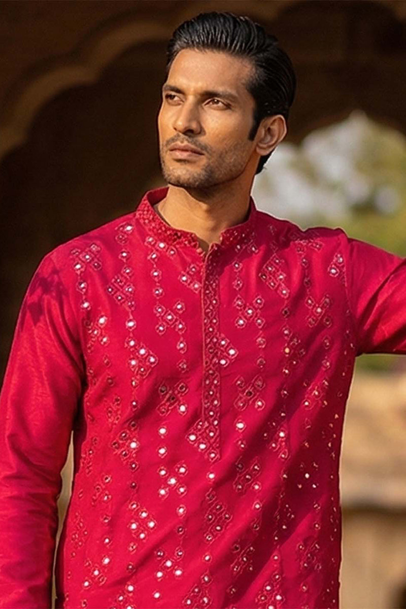 Mens Pink Silk Blend Solid Embroidered Kurta