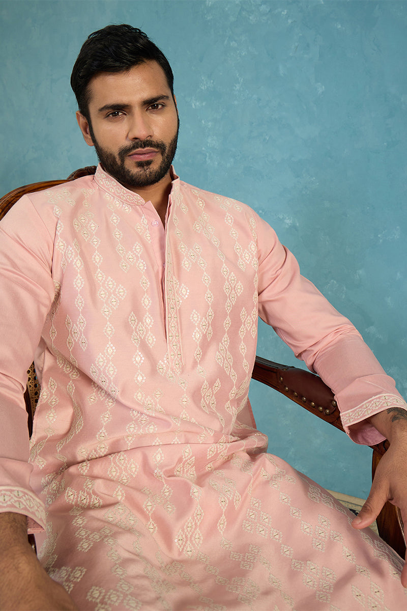 Mens Pink Silk Blend Solid Embroidered Kurta