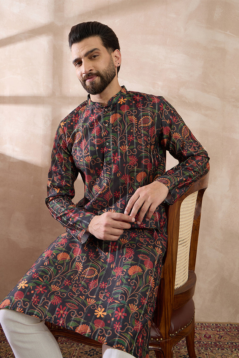 Black Silk Blend Embroidered Mandarin Collar Straight Kurta
