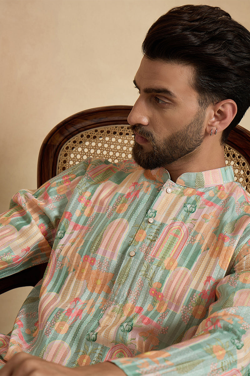 Green Silk Blend Printed Straight Kurta With Trousers