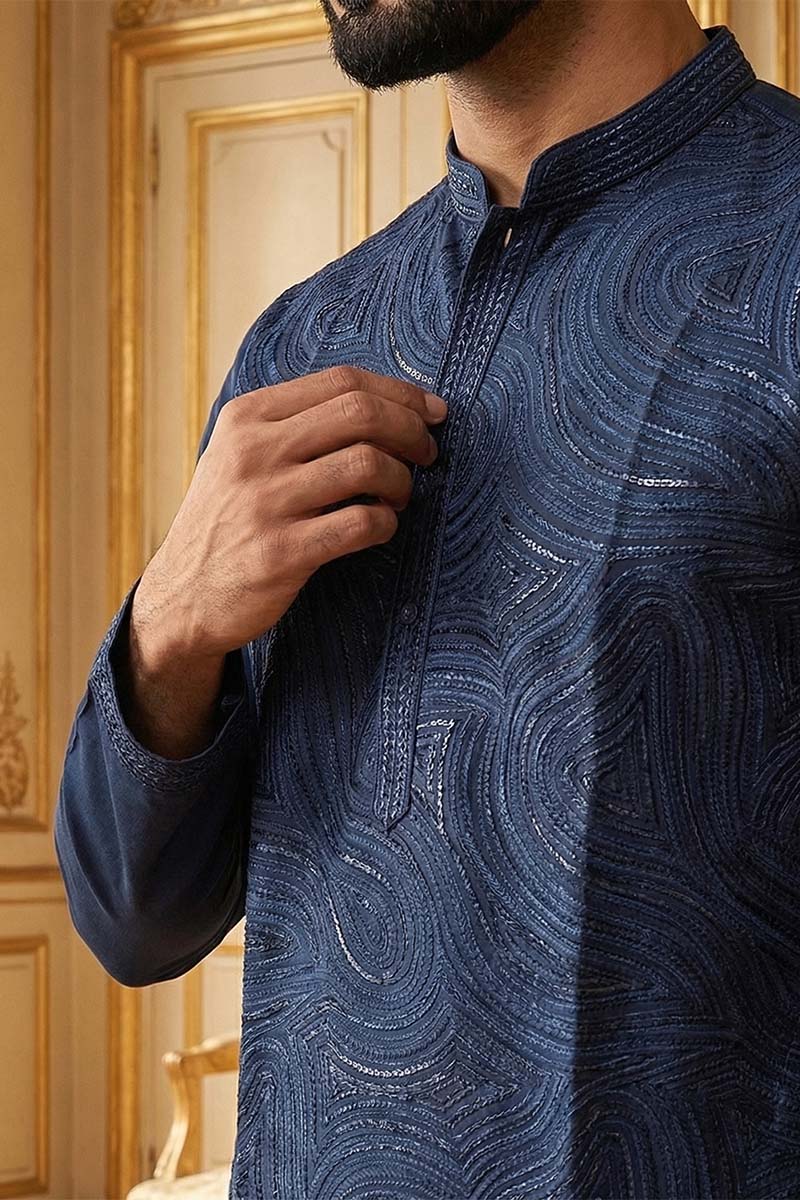 Blue Silk Blend Embroidered Straight Kurta With Trousers MKSET2124