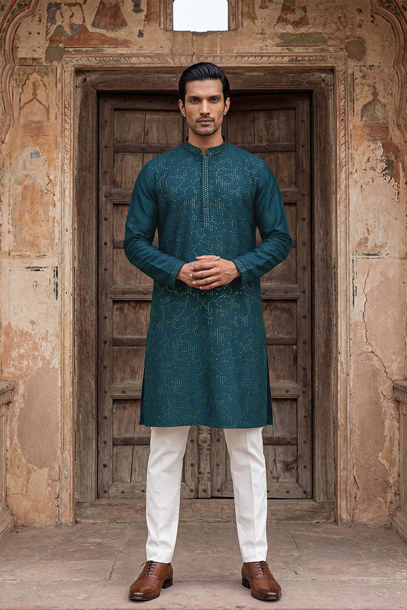 Silk Blend Teal Solid Embroidered Calf Length Straight Kurta