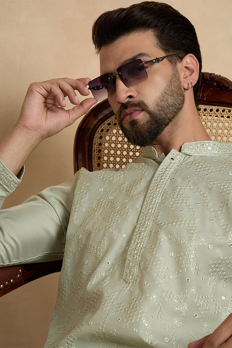 Silk Blend Green Solid Embroidered Calf Length Straight Kurta With Trousers