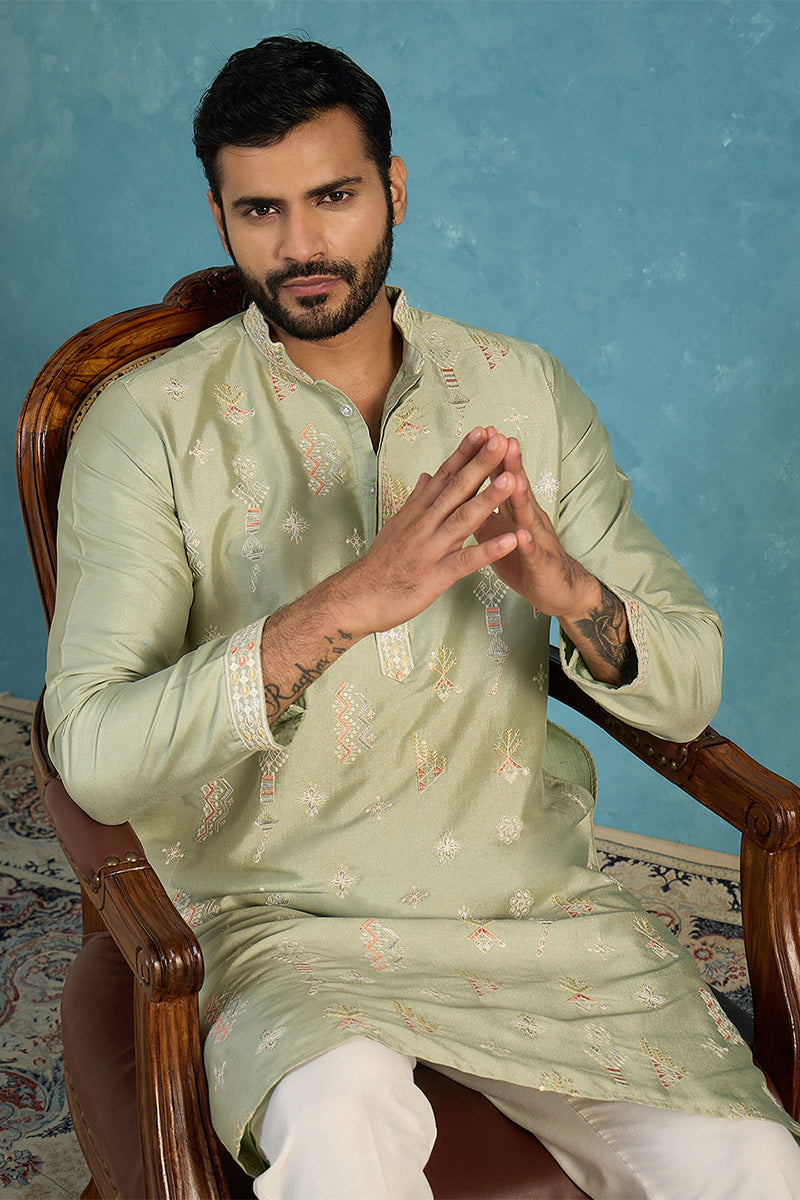 Mens Green Silk Blend Solid Embroidered Kurta