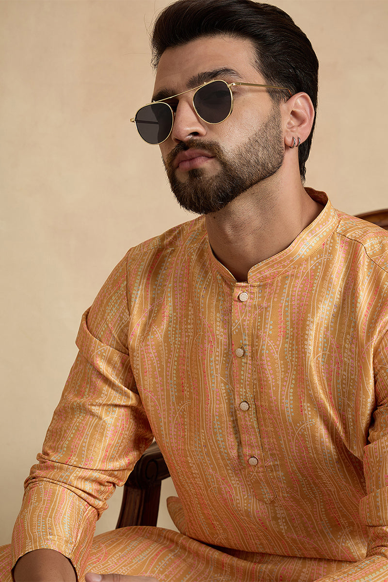 Yellow Silk Blend Printed Straight Kurta
