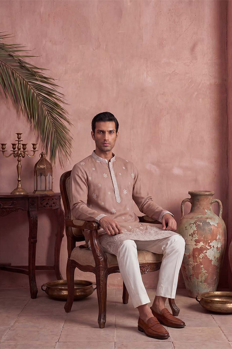 Mens Pink Silk Blend Solid Embroidered Kurta