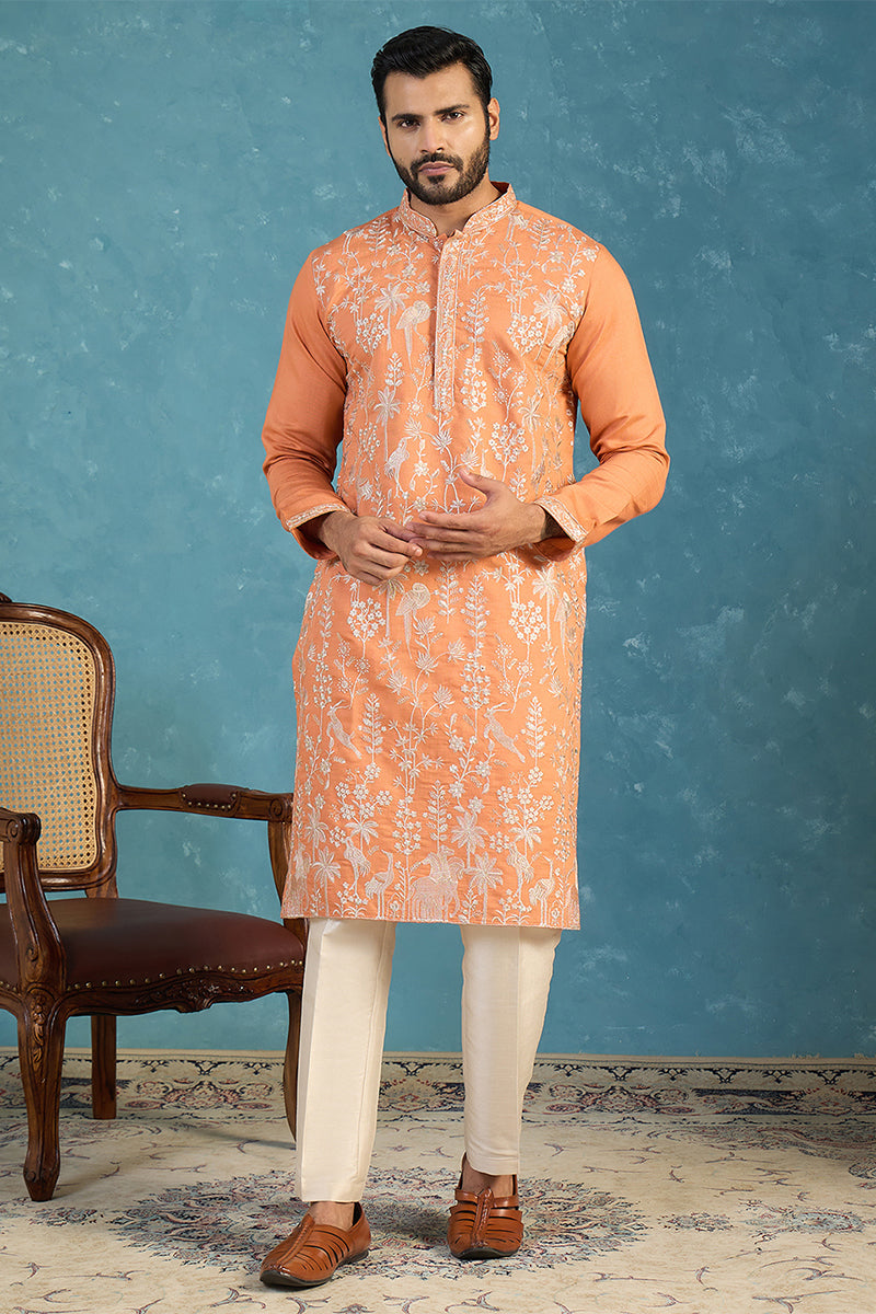 Mens Orange Modal Embroidered Calf Length Straight Regular Kurta