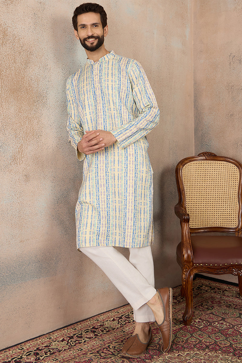 Mens Multi Silk Blend Abstract Printed Kurta With Trousers