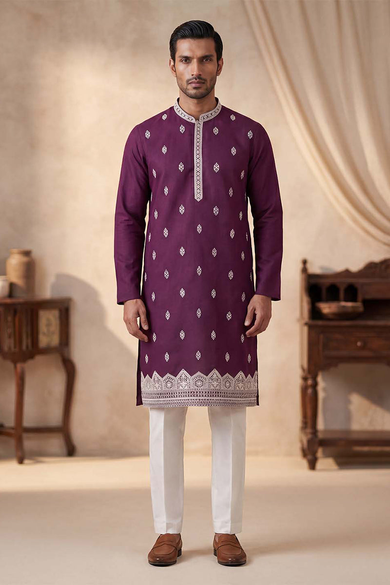 Silk Blend Purple Solid Embroidered Calf Length Straight Kurta