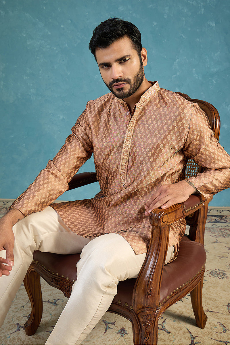 Mens Brown Jacquard Woven Design Straight Kurta