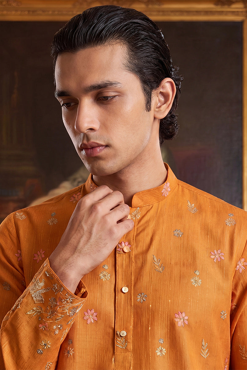 Mens Orange Silk Blend Woven Design Calf Length Straight Regular Kurta