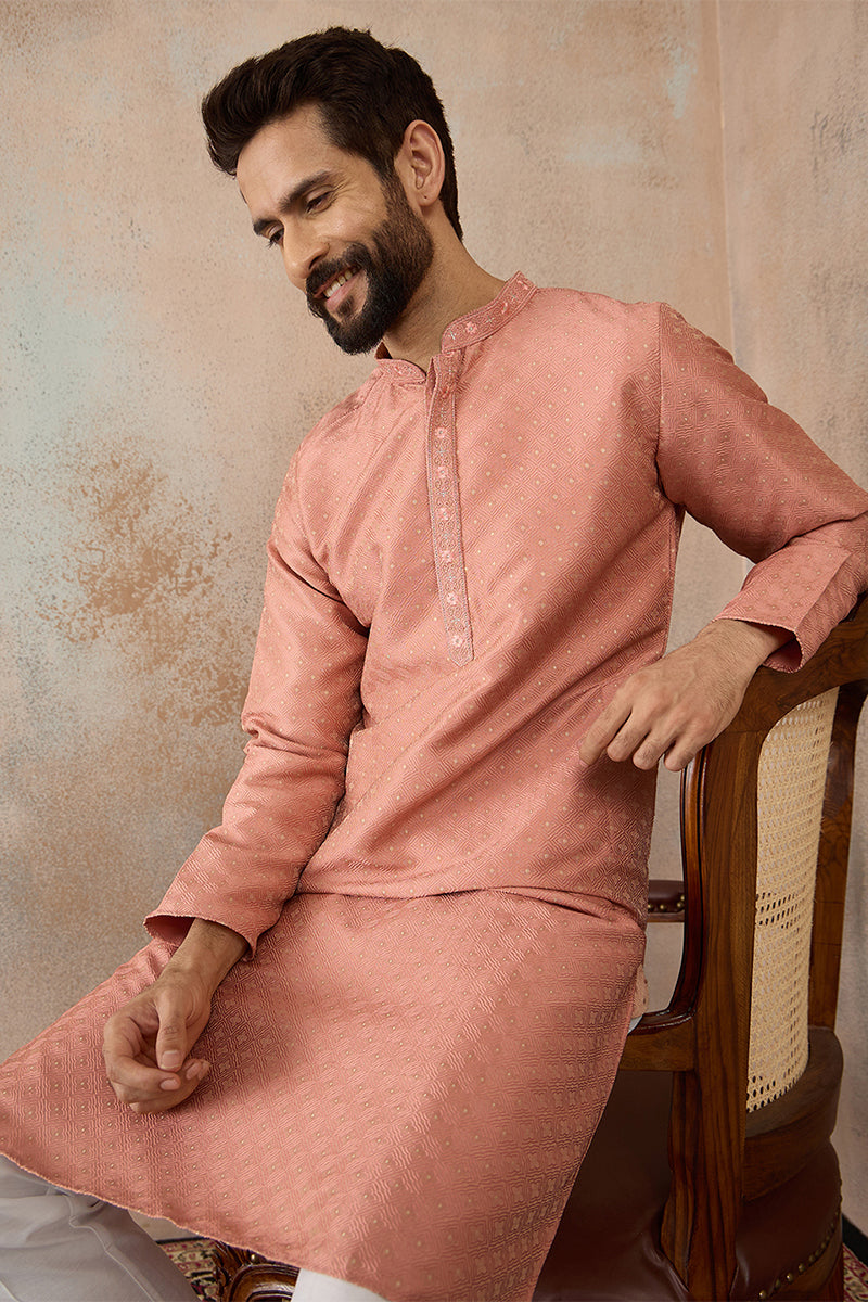 Men Peach Silk Blend Embroidered Mandarin Collar Straight Kurta with Trousers