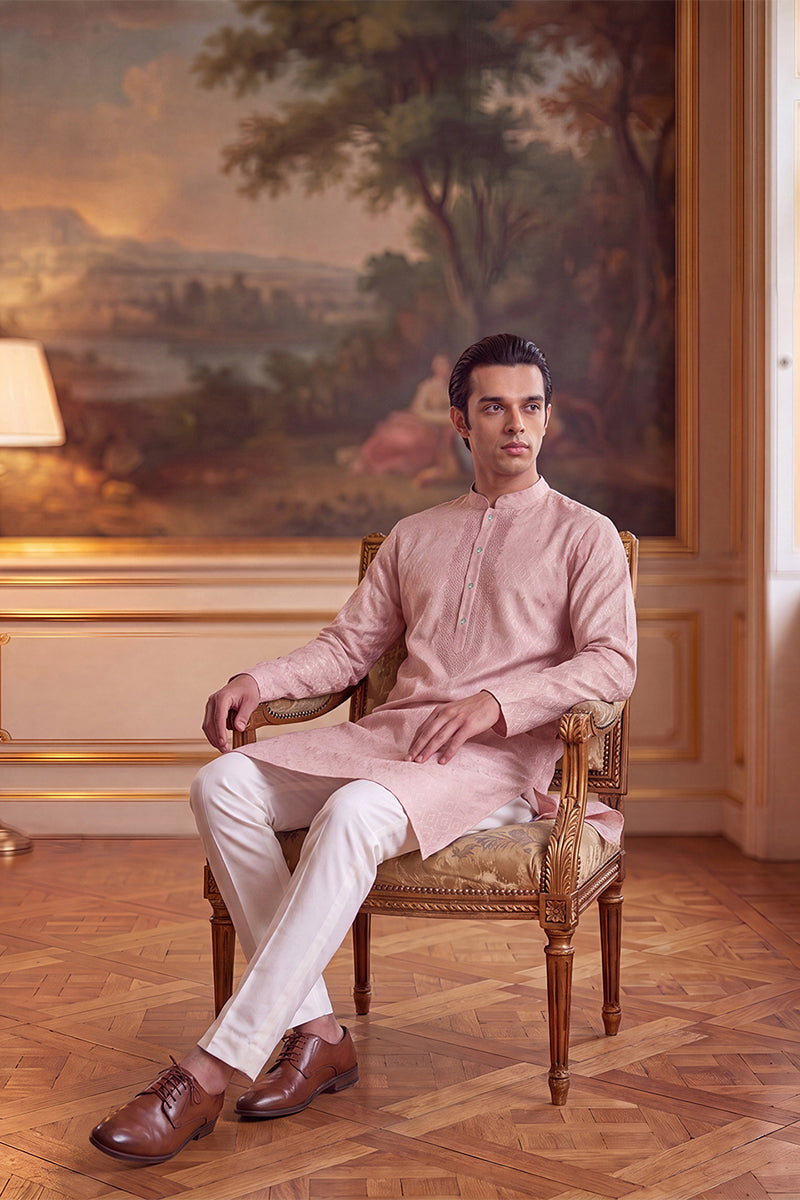 Mens Peach Linen Geometric Embroidered Kurta With Trouser