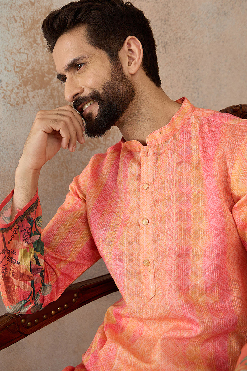 Ethnic Bay - Men Orange Silk Blend Ethnic Motifs Printed Straight Kurta with Trousers