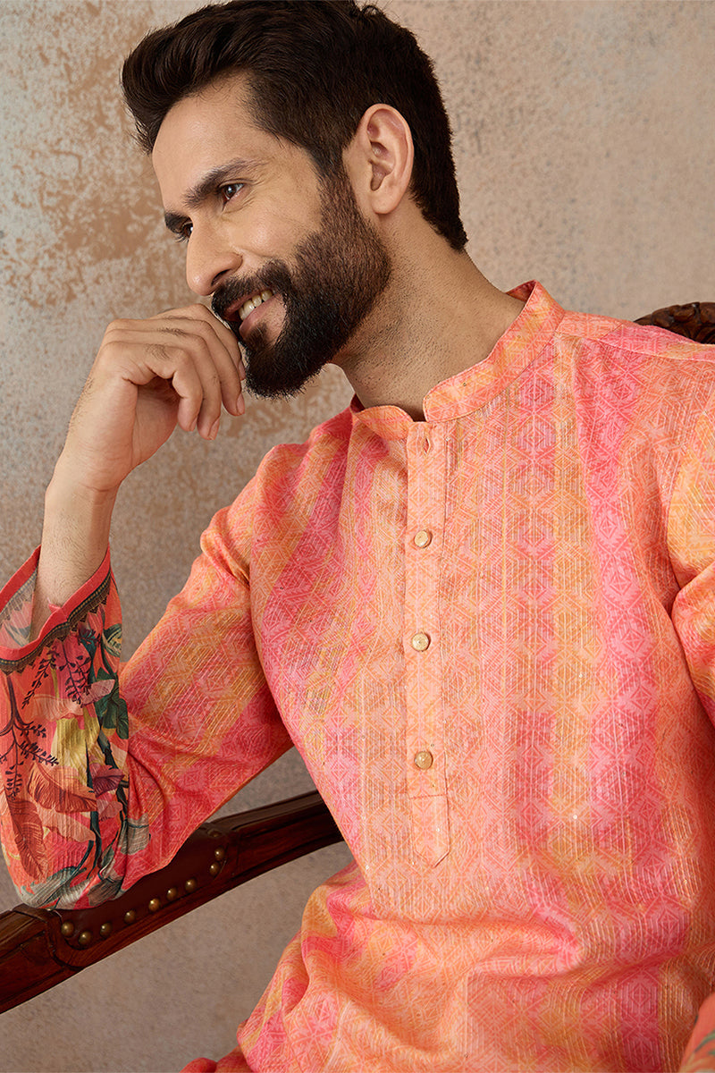 Men Orange Silk Blend Ethnic Motifs Printed Straight Kurta