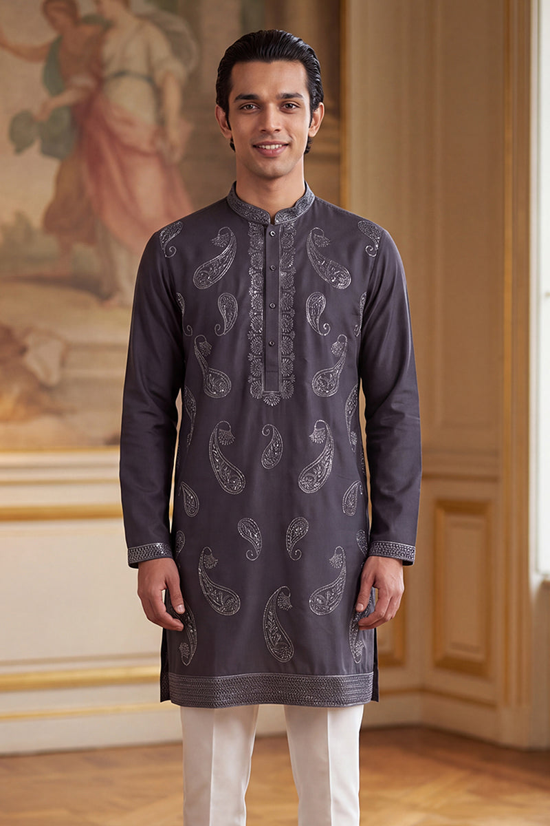 Mens Grey Silk Blend Solid Embroidered Kurta
