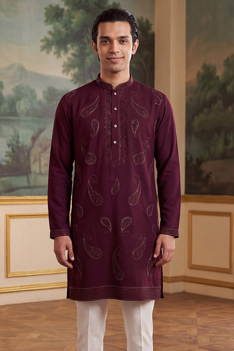 Mens Wine Silk Blend Solid Embroidered Kurta With Trouser