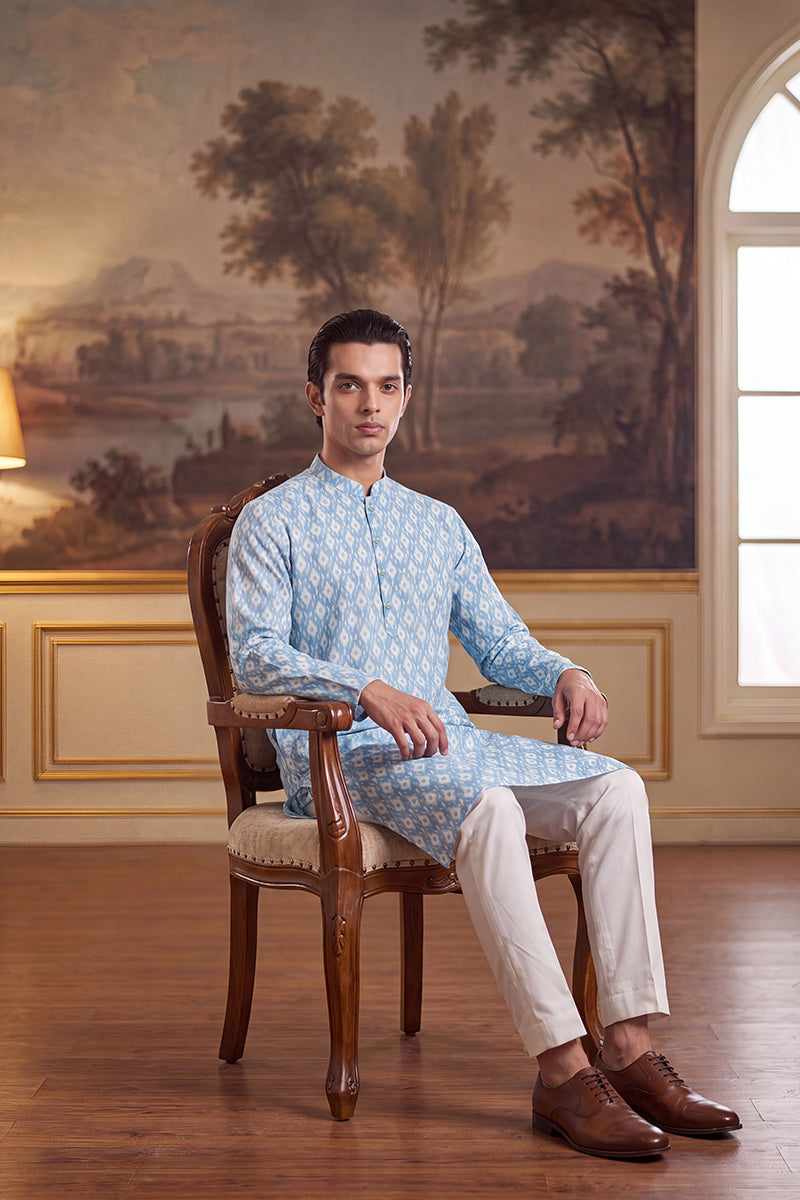 Mens Blue Linen Ikkat Print Regular Kurta