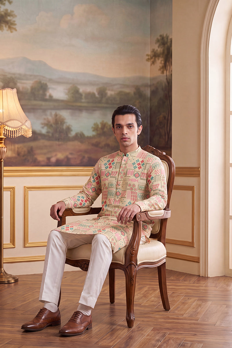 Mens Cream Linen Geometric Print Regular Kurta With Trouser