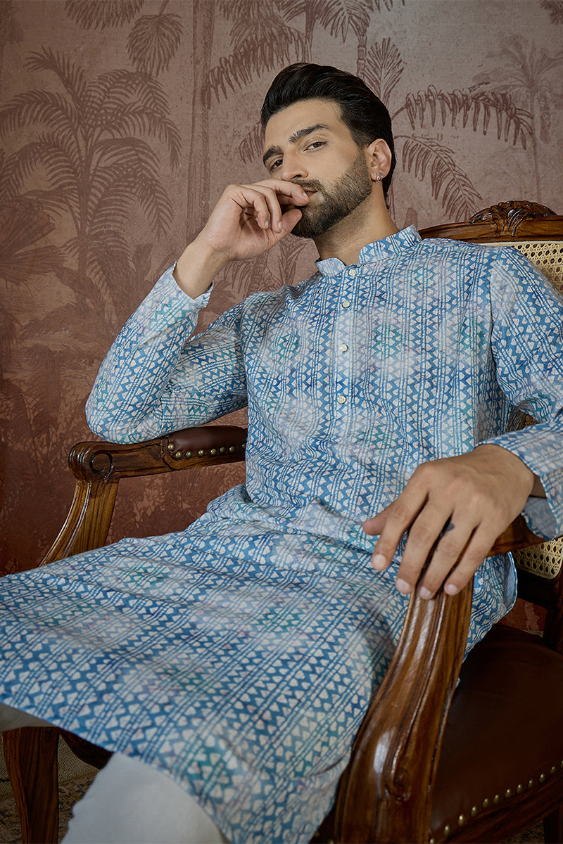Mens Blue Linen Ethnic Motifs Printed Regular Kurta